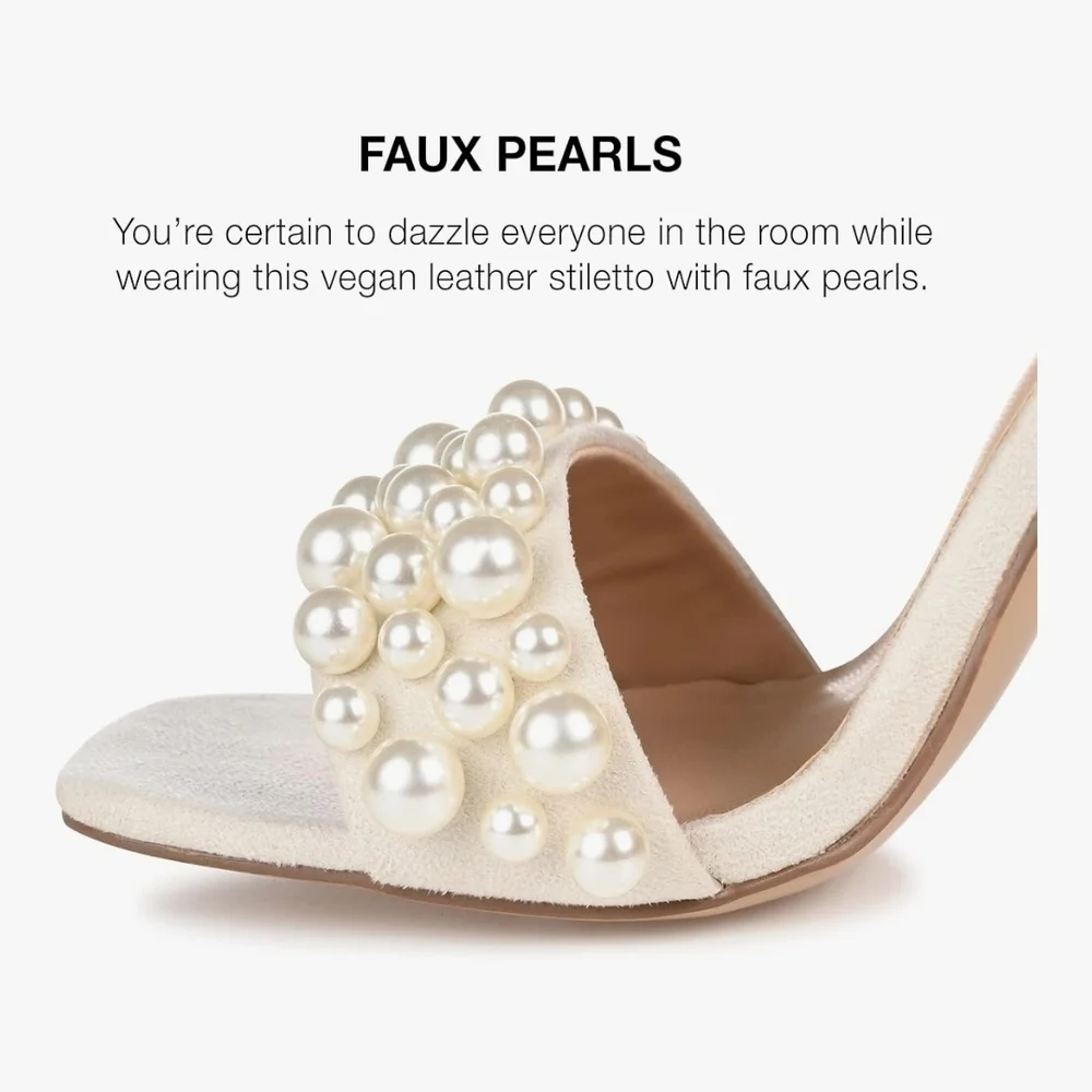 Journee Collection Nude Cream Beige Microsuede Pearl Heel Sandals SZ 9.5 M
